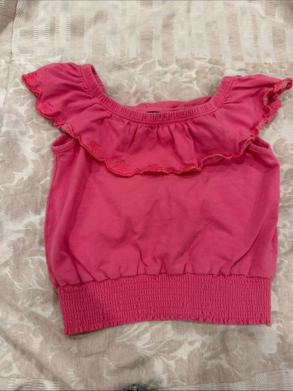 Girls Hot Pink Ruffle Tank Top with Smocked Hem